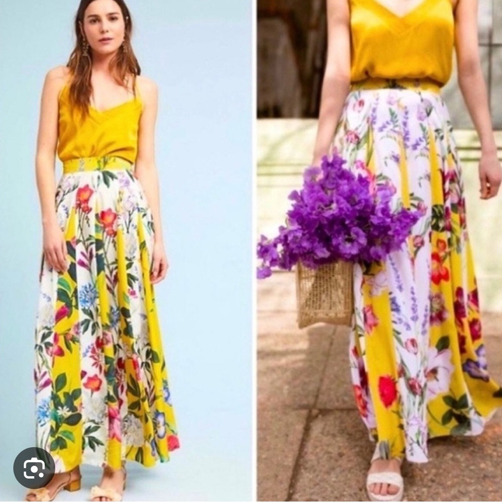 Rococo Sand Aprile Yellow & White Floral Pleated Maxi Skirt Size 10